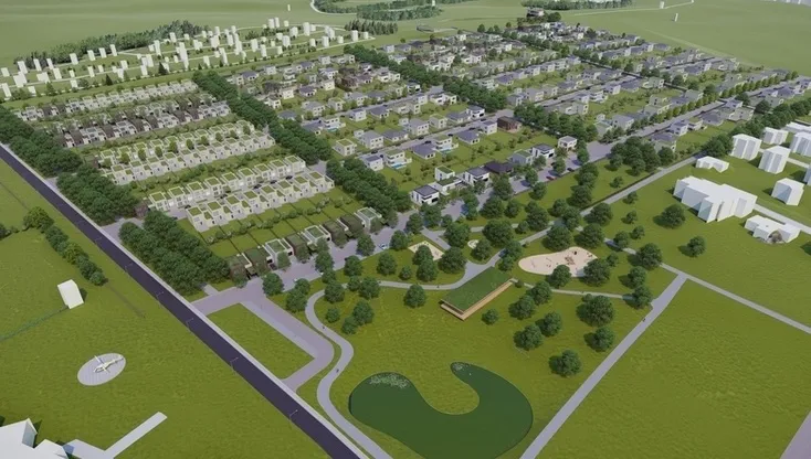 Vizualizace celé čtvrti Stromovka z ptačí perspektivy – ulice s rodinnými domy, řadová zástavba a park s jezírkem.